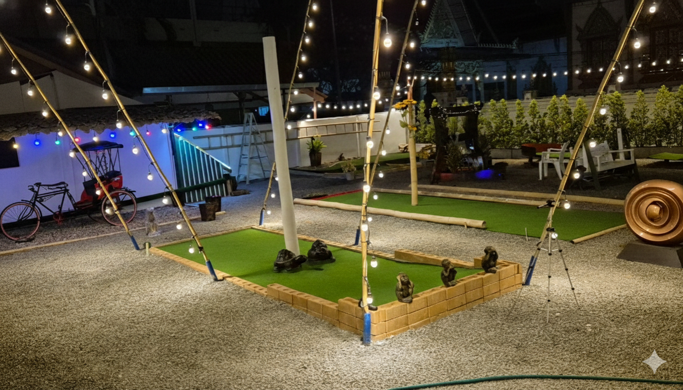 Bamboo Balls course lit by strings of warm lights in the evening